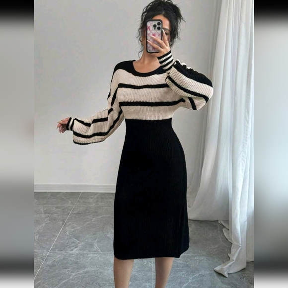 Women's Elegant Knitted Sweater Dress With Round Neck, Long Sleeves, Striped, Dr - Picture 5 of 6